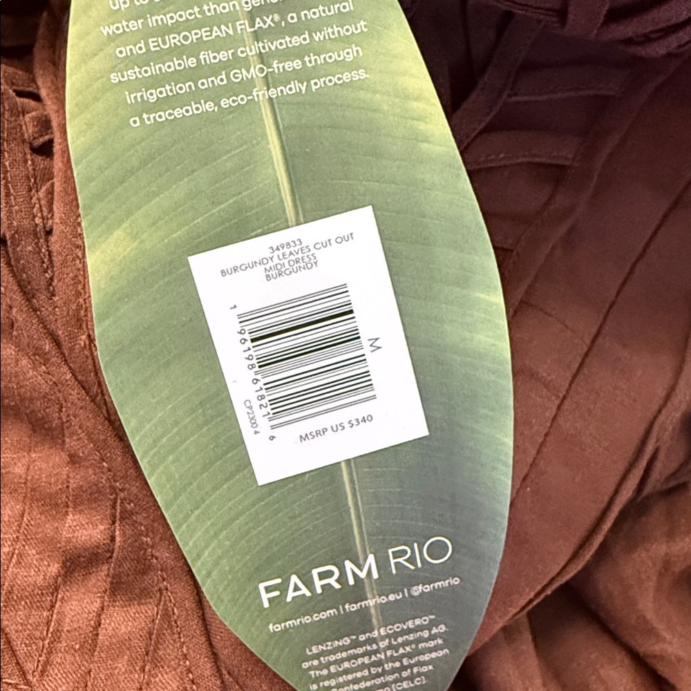 Farm Rio Burgundy Leaves Cut-Out Lenzing Ecovero Euroflax Midi Dress - Picture 7 of 9